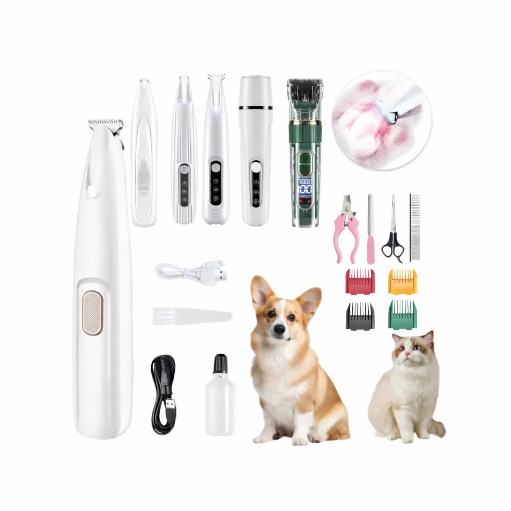 Professionellt Pälsvårdsset för Hund & Katt – Tyst Trimmer med Tillbehör & Självrengöring