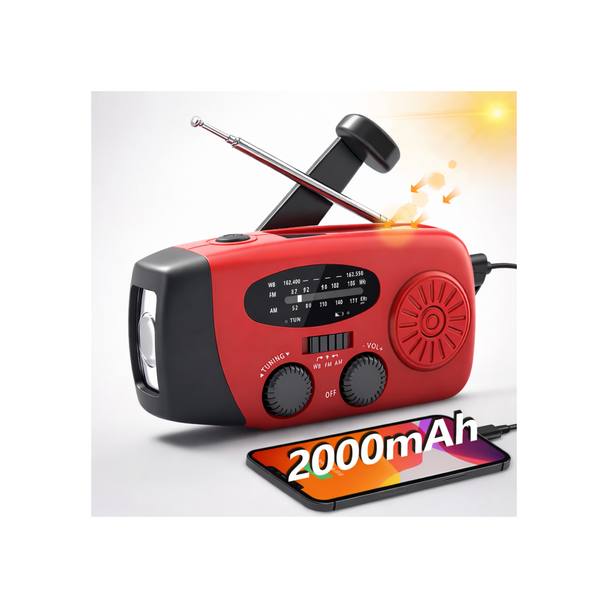 Vevradio med solceller, LED-ficklampa och 2000mAh Powerbank SOS